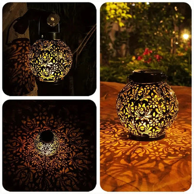 Outdoor Garden Landscape Decoration Solar Lights LED Metal Waterproof round Lantern Lights Hanging Hollow Projection Lights