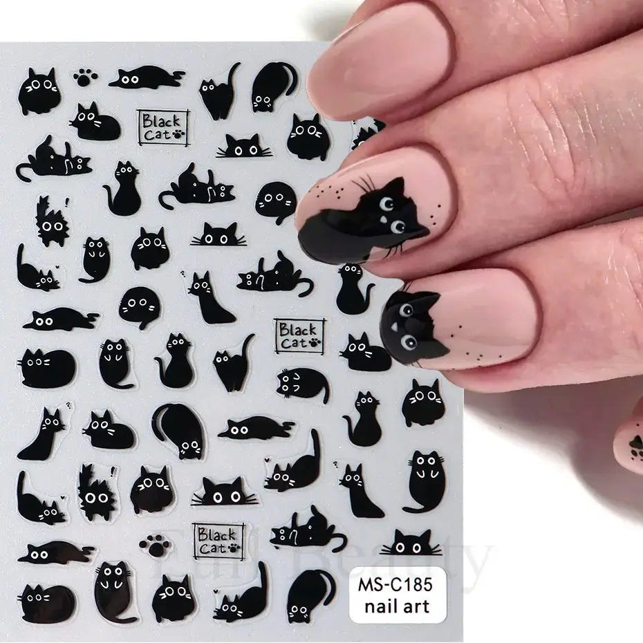 2pcs Black Cat Nail Stickers 3D Cute Cartoon Animal 3D Self-Adhesive Nail Art Decals Sliders Decorations Manicure Accessories