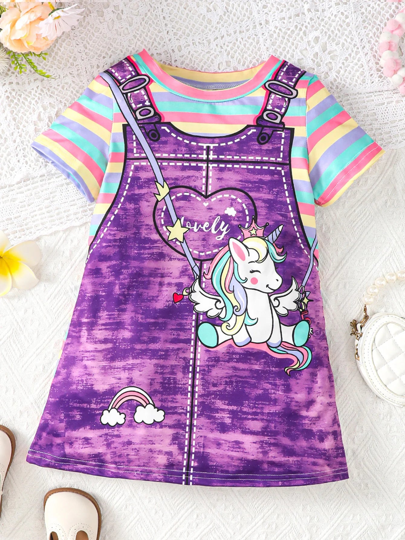 Summer girl's short sleeved round neck unicorn rainbow stripe print cute casual rose red dress