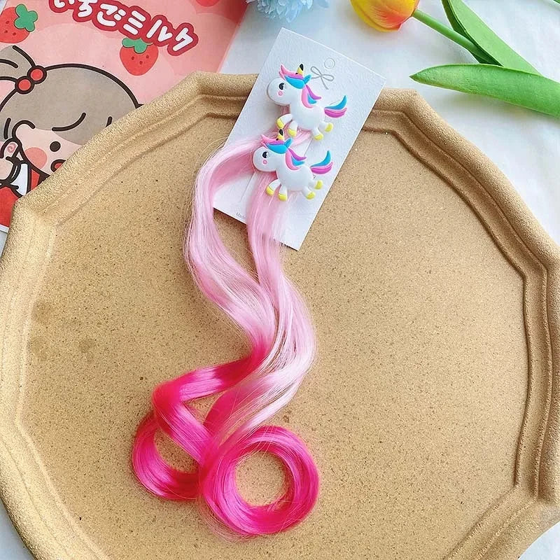 2PCS New Princess Unicorn Multicolour Wig Girls Hairpins Cute Children Headwear Hairgrip Hair Clips Barrettes Hair Accessories