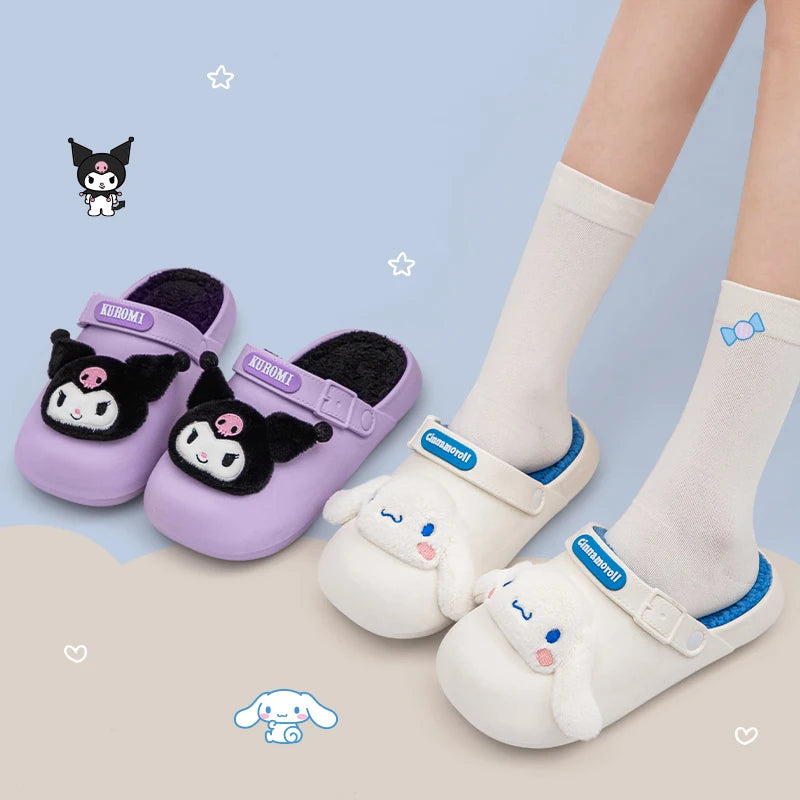 Sanrio Kawaii Cinnamoroll Womens Slippers Sanrio Hello Kitty Kuromi Cartoon Cute Waterproof Soft Fur Warm Indoor Home Shoes  ﻿