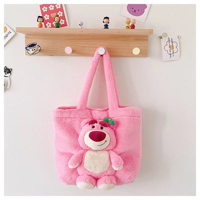 Disney 2024 New Cartoon Plush Doll Shoulder Bag Sweet and Cute Stitch Strawberry Bear Soft Cute Girls Handbag