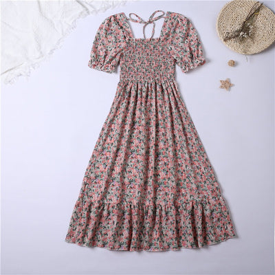 Summer Pleated Women Chiffon Dresses Casual Beach Holiday Short Sleeve Square Collar Woman Midi Dress Bohemian Mujer Vestidos