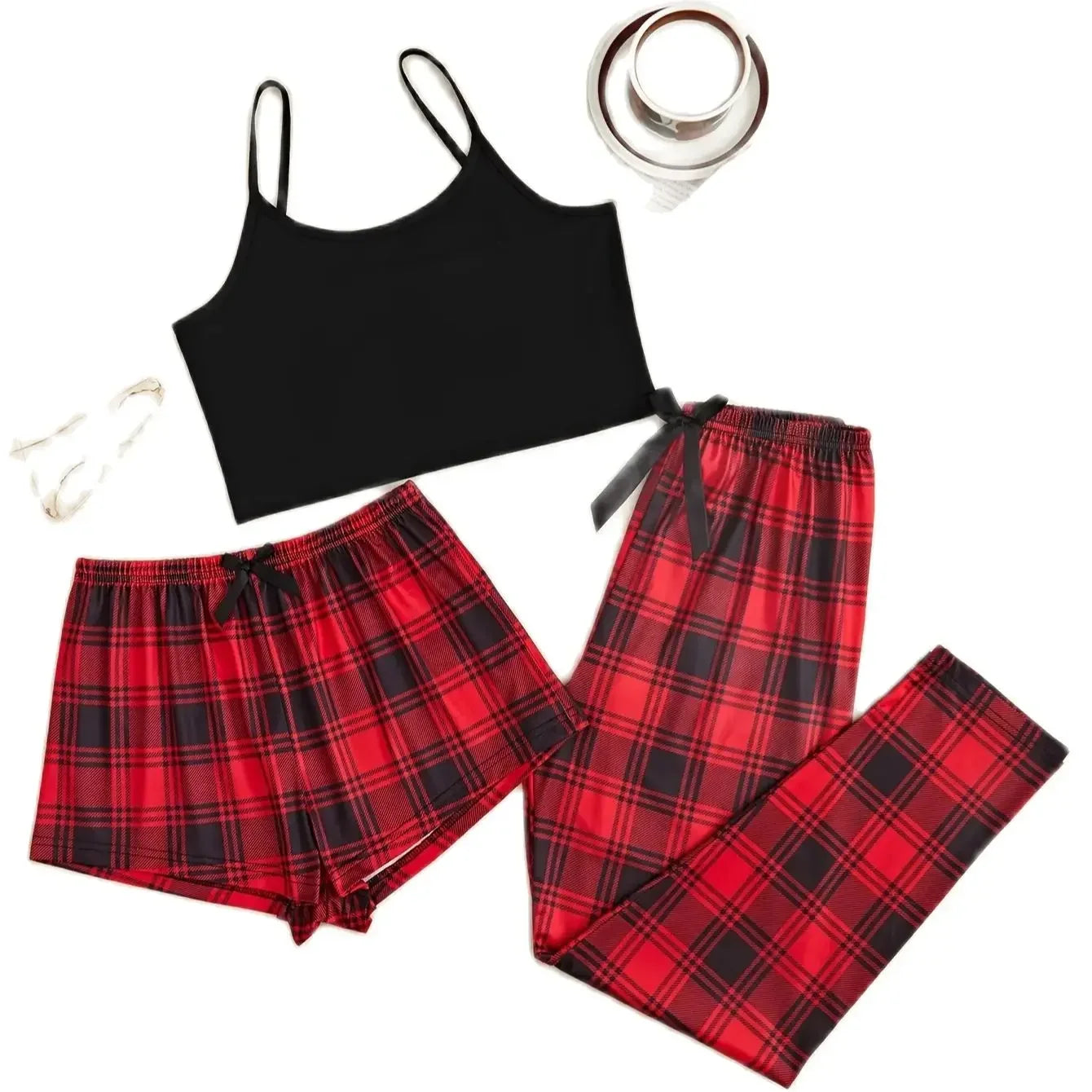 Wholesale Suspender Shorts Trousers Three-Piece Fashion Casual Bow Tie Home Wear Set Women'S Casual Pajamas Set