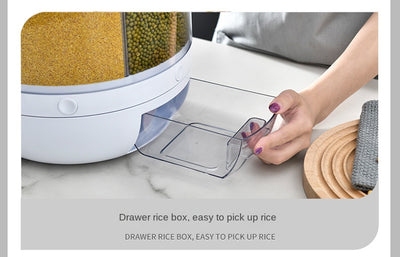 360 Degree Rotating Rice Dispenser Sealed Dry Cereal Grain Bucket Dispenser Moisture-proof Kitchen Food Container Storage Box