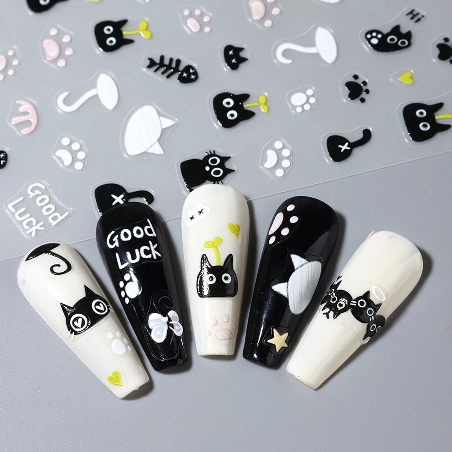 2pcs Black Cat Nail Stickers 3D Cute Cartoon Animal 3D Self-Adhesive Nail Art Decals Sliders Decorations Manicure Accessories