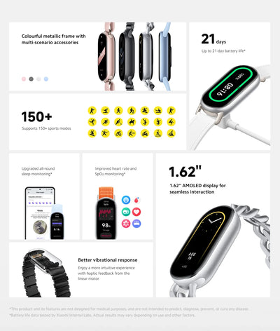 الإصدار العالمي من سوار Xiaomi Smart Band 9 مقاس 1.62 بوصة AMOLED يدعم أكثر من 150 وضعًا رياضيًا وعمر بطارية يصل إلى 21 يومًا ومراقبة النوم SpO2* سوار