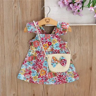 (Girls 0-3 years old)New Summer Girls Dress Halter Small Flying Sleeve Ruffled Flowers Full Print + Crossbody Bag A-line Dress