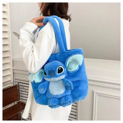 Disney 2024 New Cartoon Plush Doll Shoulder Bag Sweet and Cute Stitch Strawberry Bear Soft Cute Girls Handbag