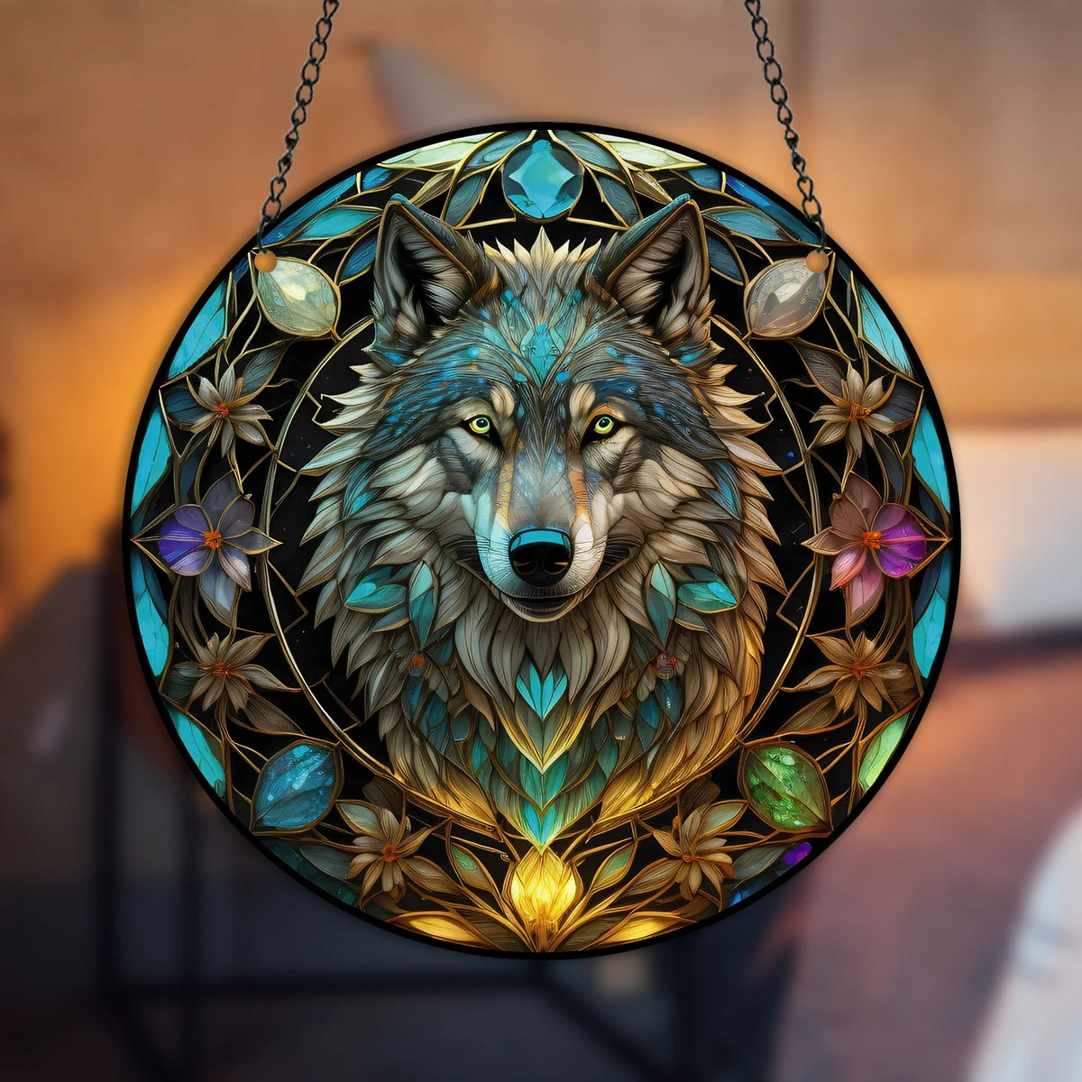 3D Wolf Stained Window Hanging, Wolf Art Pendant For Kitchen Livingroom Office, Halloween Fall Animal Lover Wreath Sign