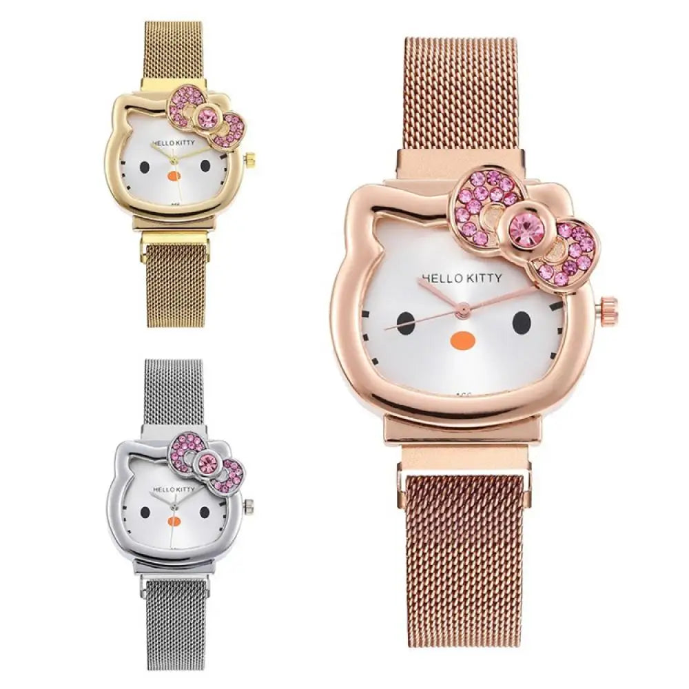 Hello Kitty Diamond  Watch Cat Bow Kawaii Pink Ladies Gold Sliver Metal Jewelry Cartoon Magnetic Watch Girlfriend Birthday