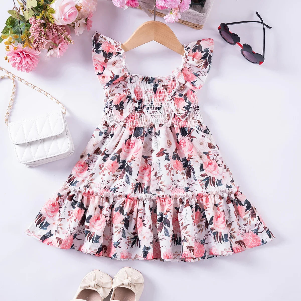 Summer Girl Dress Fashion Versatile Square Collar Girl Princess Dress New Print Sweet and Cute Dress Wholesale