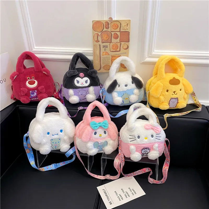 حقيبة ظهر Kuromi من Kawaii Sanrio مصنوعة من القطيفة ومطبوع عليها رسوم متحركة لحن Cinnamoroll وحقيبة يد محشوة من Pochacco ورسوم كرتونية كهدية للبنات