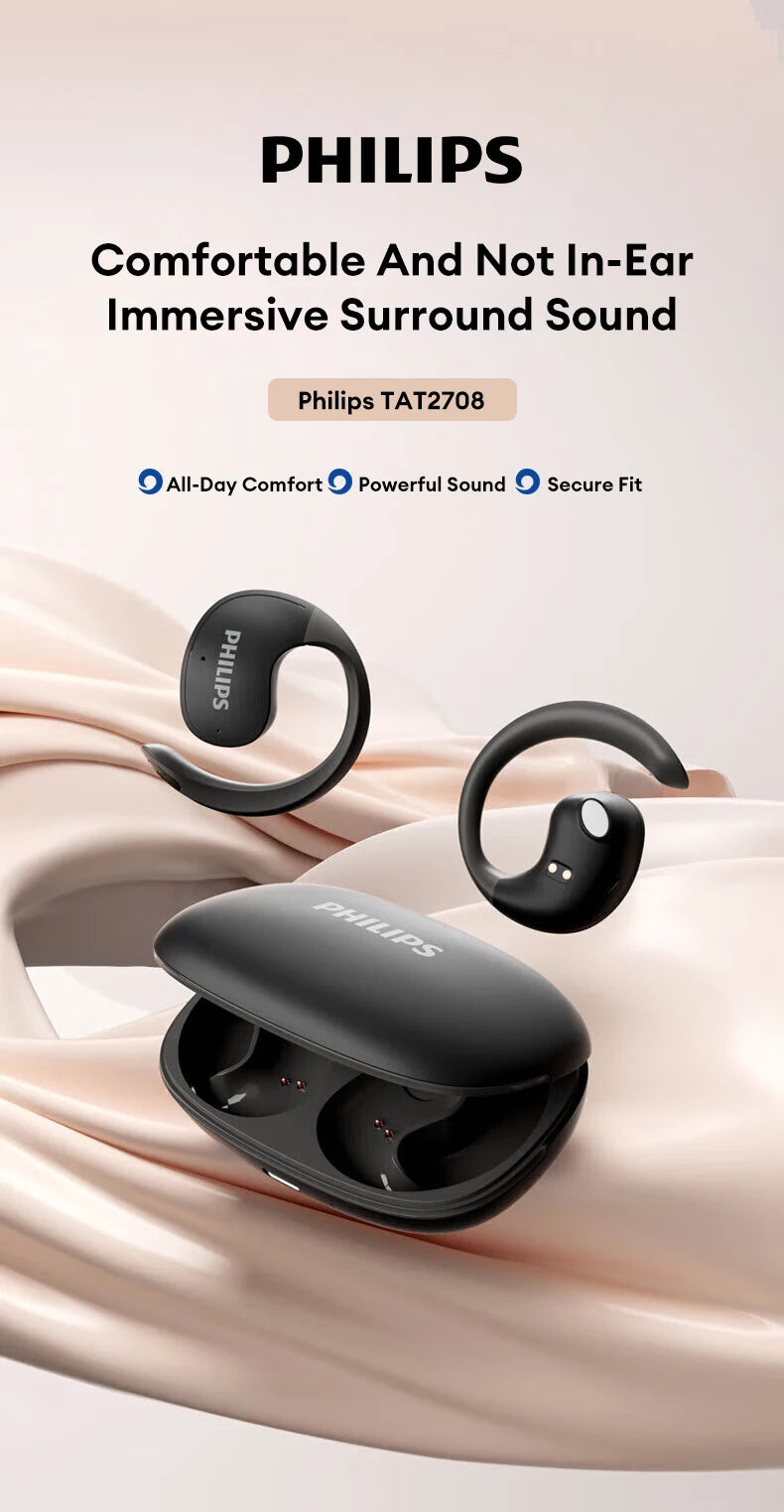 سماعات أذن لاسلكية جديدة أصلية من Philips TAT2708 OWS بتقنية البلوتوث ENC مع خاصية إلغاء الضوضاء وسماعات أذن رياضية مقاومة للماء