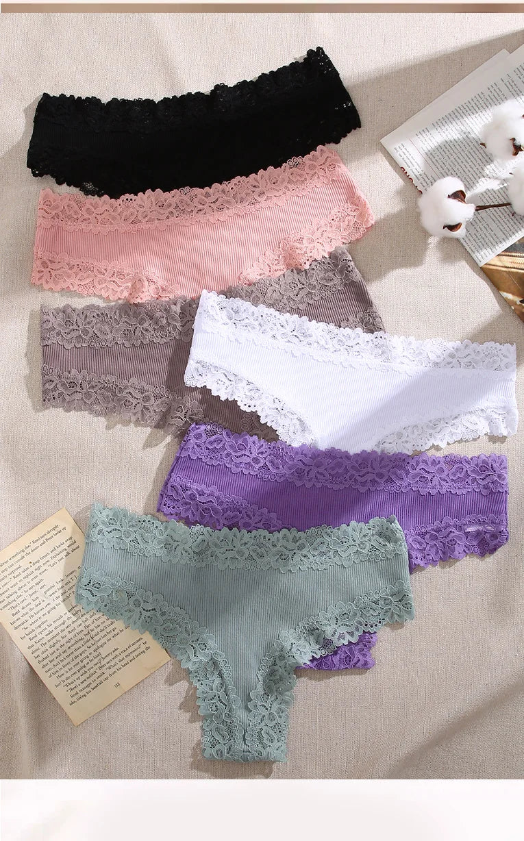 3PCS Lace Seamless Cotton Panties Ribbed Brazilian Pants Low Waist Women Panties Breathable Girls Underwear Plus Size Lingerie