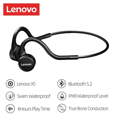 سماعات أذن Lenovo X5 Bone Conduction Bluetooth V5.0 لاسلكية مقاومة للماء IPX8 رياضية بذاكرة مدمجة 8 جيجابايت