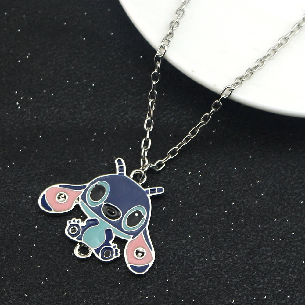 Disney Lilo & Stitch Necklace Stainless Steel Stitching Cute Figure Stitch Heart Pendant Neck Chain Lovers Jewelry