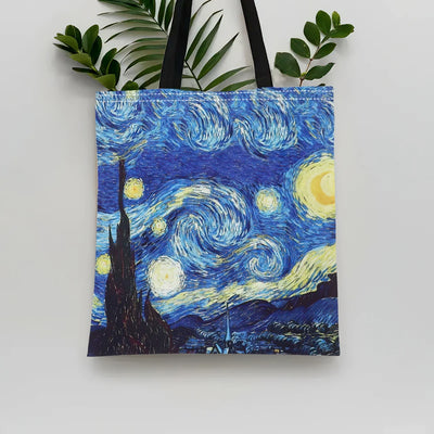 Van Gogh Series Linen Bag Oil Painting Starry Night Sunflower Apricot Flower Coffee Holder Handbag Lightweight Shoulder Bag