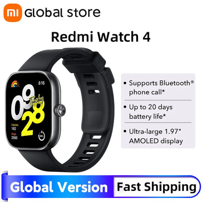 النسخة العالمية من ساعة Xiaomi Redmi Watch 4 الذكية مقاس 1.97 بوصة AMOLED لمراقبة معدل ضربات القلب وأكسجين الدم ودعم مكالمات الهاتف عبر البلوتوث ونظام تحديد المواقع العالمي (GPS)