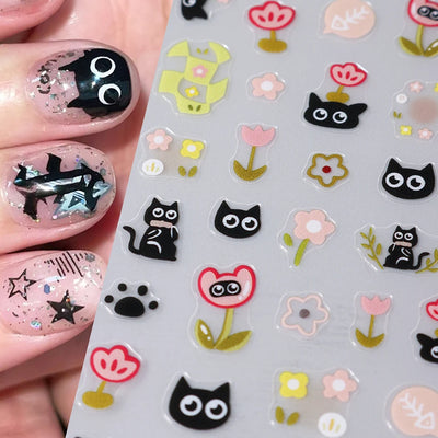 2pcs Black Cat Nail Stickers 3D Cute Cartoon Animal 3D Self-Adhesive Nail Art Decals Sliders Decorations Manicure Accessories