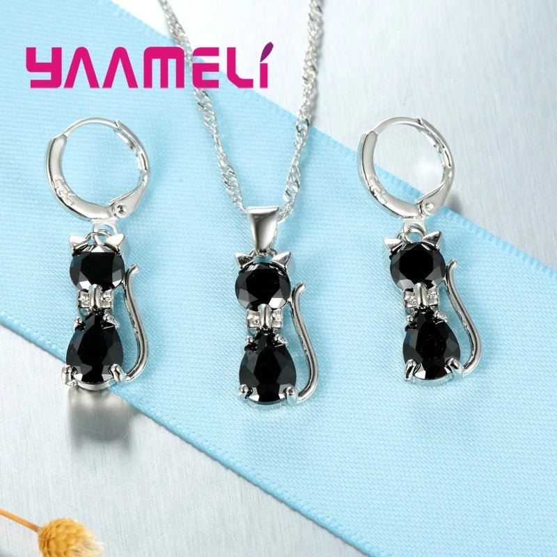 Real 925 Sterling Silver Color Jewelry Sets for Woman Girls Shining Austrian Crystal Cute Cat Pendant Necklace Huggie Earring