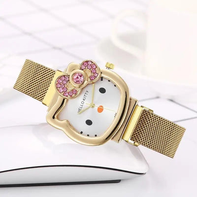 Hello Kitty Diamond  Watch Cat Bow Kawaii Pink Ladies Gold Sliver Metal Jewelry Cartoon Magnetic Watch Girlfriend Birthday