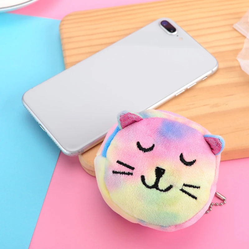 Colorful Cat Cute Cartoon Plush Purse Little Bear Coin Bag Key Hook Pendant Pocket Pouch Wallet