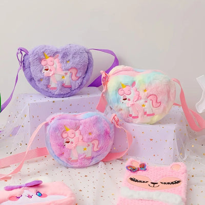 Cute Unicorn For Girls Plush Heart Zipper Shoulder Bag Messenger Bag Coin Purse Wallet Crossbody Bag Kids Gift Small Backpack