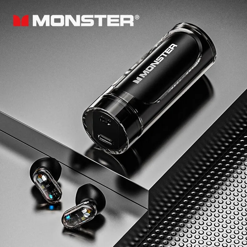 Original Monster V5.3 Wireless Bluetooth Headset XKT13 HIFI Sound Earphones Long Standby Earbuds Rotating Transparent Shell New