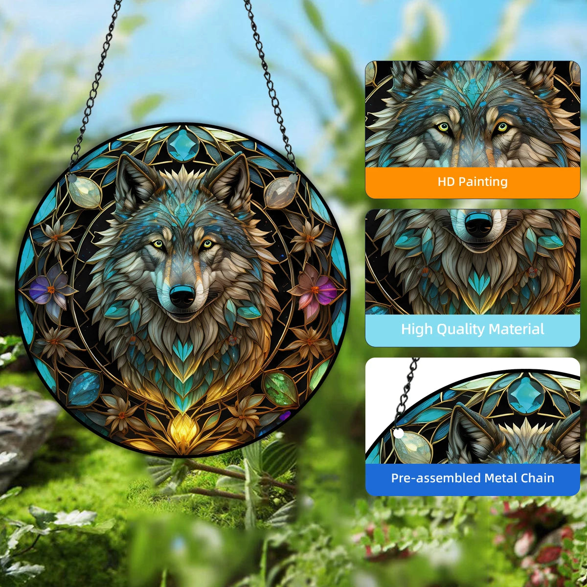 3D Wolf Stained Window Hanging, Wolf Art Pendant For Kitchen Livingroom Office, Halloween Fall Animal Lover Wreath Sign