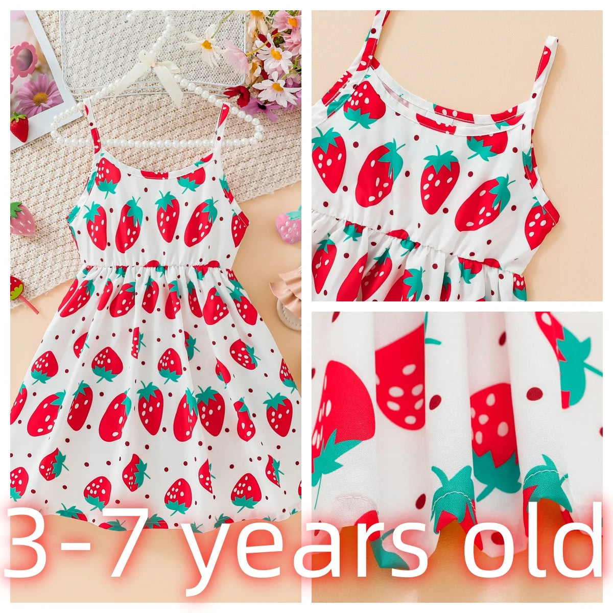 Children's Clothing Girl's Sling Strawberry Print Pattern Dress Sweet And Cute Summer Casual Dress for Girls Aged 3-7 Years