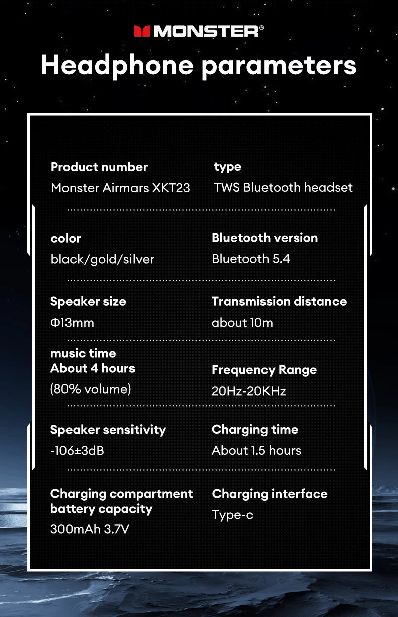 سماعات Monster XKT23 الأصلية اللاسلكية بتقنية البلوتوث V5.4، سماعات أذن مزدوجة المشهد، صوت عالي الدقة، سماعات أذن ستيريو عالية الدقة