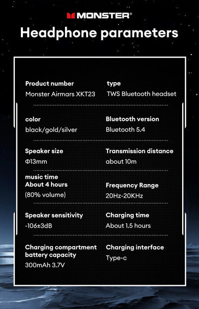 Original Monster XKT23 Wireless Bluetooth V5.4 Headphones Music Gaming Dual Scene Mode Earbuds HD Voice HIFI Stereo Earphones