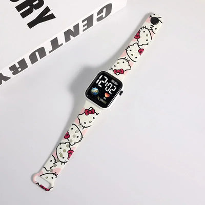 Sanrio Hello Kitty Cartoon Printed Button LED Electric Watch Teenager Fashion Personality Stitch Printed Square Electronic Watch