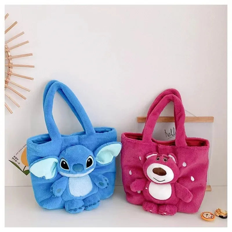 Disney 2024 New Cartoon Plush Doll Shoulder Bag Sweet and Cute Stitch Strawberry Bear Soft Cute Girls Handbag