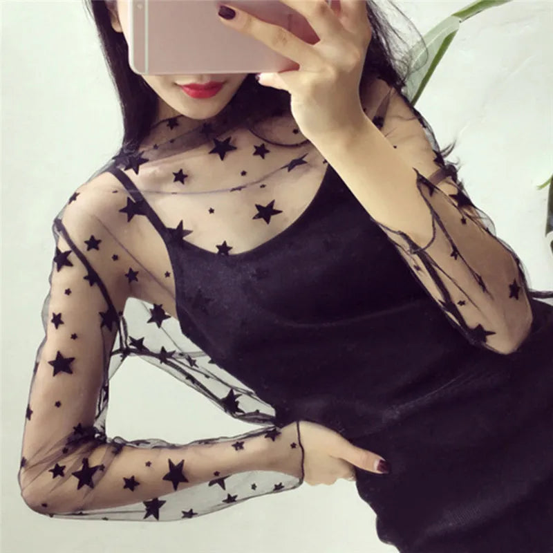 New Transparent See Through Shirt Women Sexy Harajuku Mesh Tops Net Undershirt Star Base Top Camisas Femininas Clubwear SheerTee