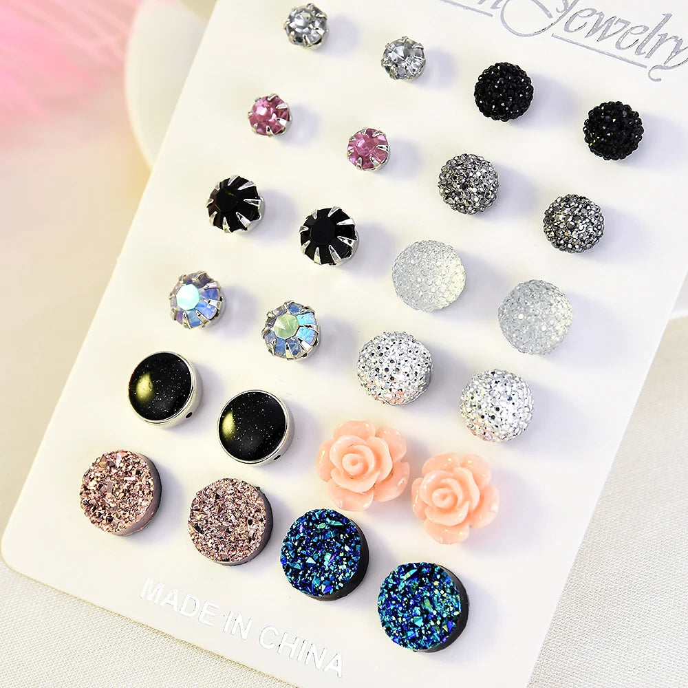 2020 NEW 12~36 Pairs Fashion Women Girls Resin Plastic Crystal Diamante Flower Stud Earrings Set Random Style Gold Color Jewelry