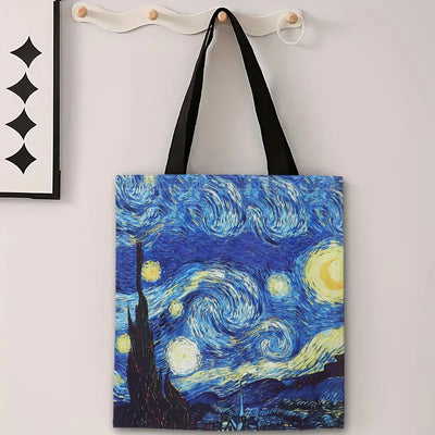 Van Gogh Series Linen Bag Oil Painting Starry Night Sunflower Apricot Flower Coffee Holder Handbag Lightweight Shoulder Bag