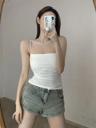 Women's Sleeveless Top Tank Underwear Fitted Camisole Sexy Short Top With Thin Straps Plain White Tank Top Korean Style