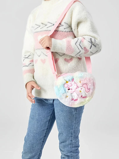 Cute Unicorn For Girls Plush Heart Zipper Shoulder Bag Messenger Bag Coin Purse Wallet Crossbody Bag Kids Gift Small Backpack