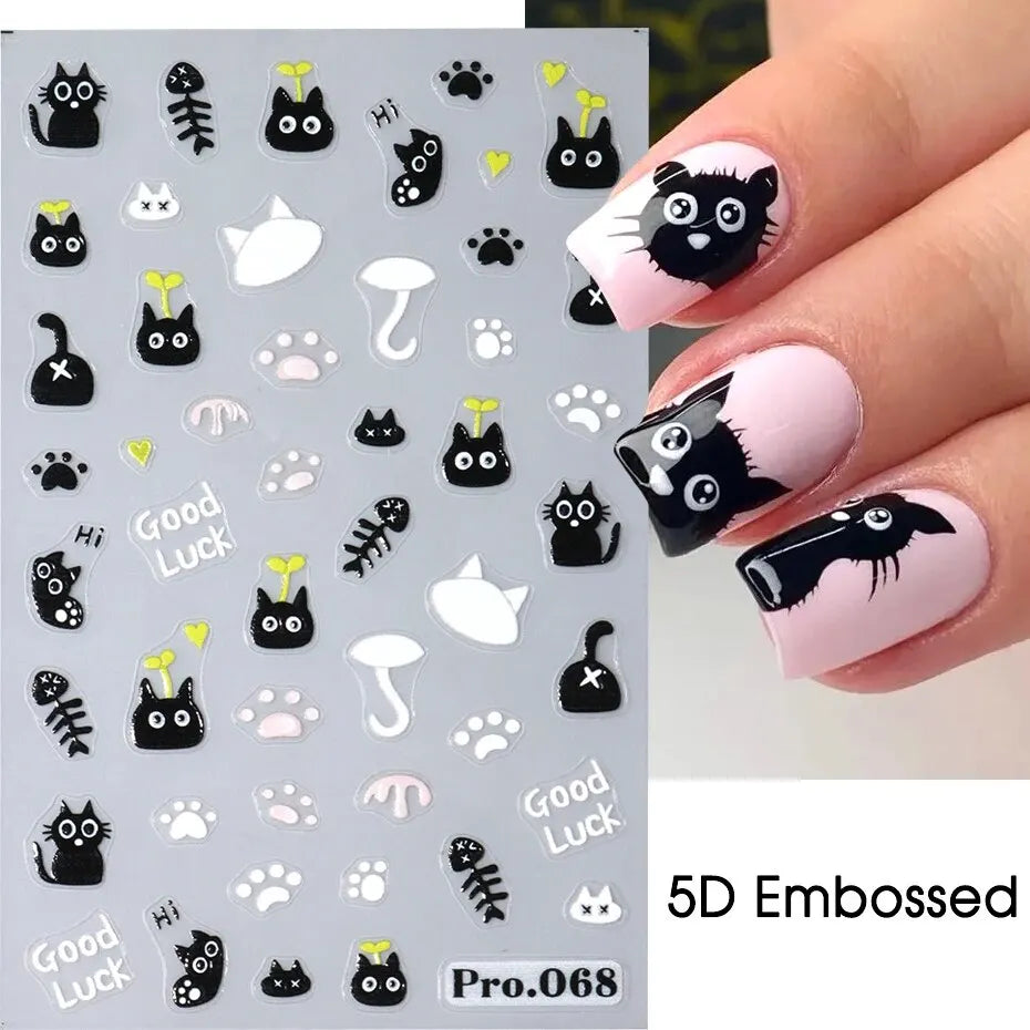 2pcs Black Cat Nail Stickers 3D Cute Cartoon Animal 3D Self-Adhesive Nail Art Decals Sliders Decorations Manicure Accessories