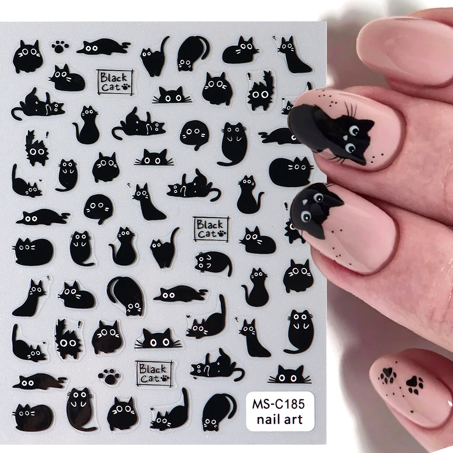 2pcs Black Cat Nail Stickers 3D Cute Cartoon Animal 3D Self-Adhesive Nail Art Decals Sliders Decorations Manicure Accessories