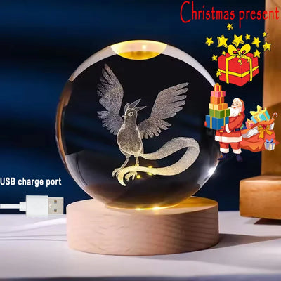 New 6cm 3D Crystal Ball Stitch Pokemon Wooden base with 6cm crystal ball Planet Night Light Laser Carving Christmas gifts