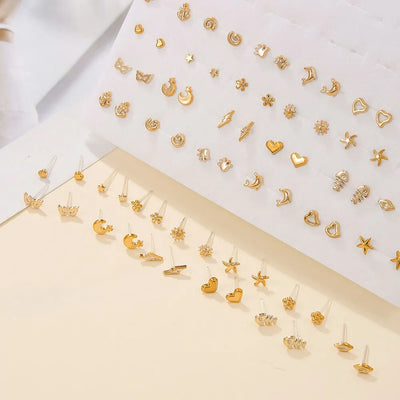 Fashion Geometric 36 Pairs/Lot Mixed Styles Small Stud Earrings For Women Lady Starfish Dolphins Moon Jewelry Party Gifts