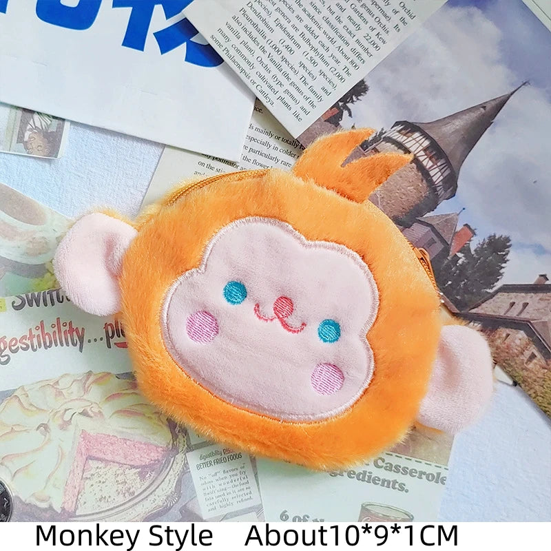 Kawaii cartoon Monkey Pig Chicken Penguin Animal party Embroidery storage bag Earphone bag Plush pendant coin purse toy portable