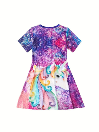 Girls Starry Unicorn Digital Print Round Neck Short Sleeve Party Casual Dress