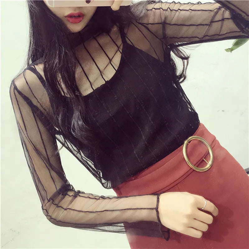 New Transparent See Through Shirt Women Sexy Harajuku Mesh Tops Net Undershirt Star Base Top Camisas Femininas Clubwear SheerTee