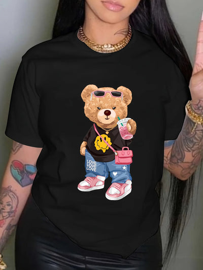 Cool Little Bear Print T-shirt, Short Sleeve Crew Neck Casual Top For Summer & Spring, Women's Clothing