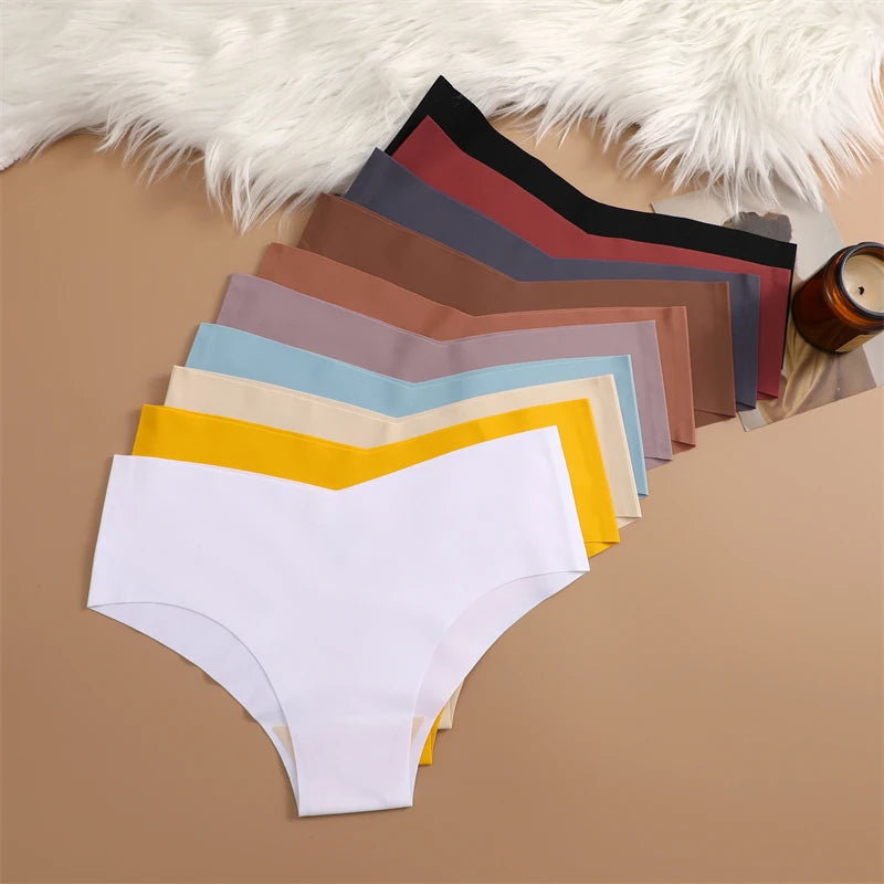 FINETOO 7PCS Women Ultra-thin Underpants Panties Seamless Briefs Sexy V-Waist Cozy Stretch Lingerie Female Solid Color Intimates