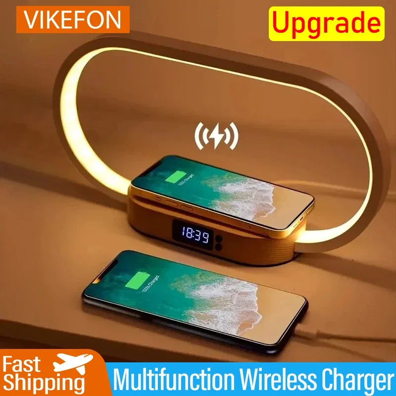 VIKEFON Multifunction Wireless Charger Stand Clock LED Desk Lamp Night Light USB Fast Charging Station Dock for iPhone Samsung